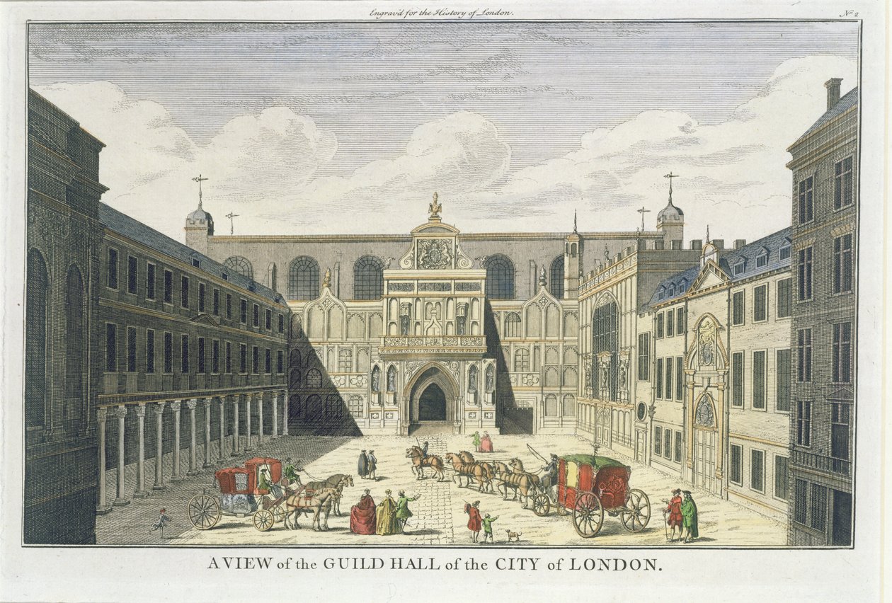 En utsikt over Guild Hall of the City of London, fra The History of London, sent c18th av English School