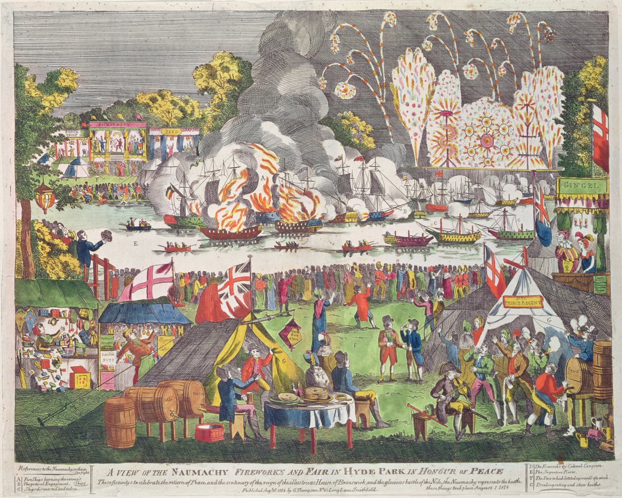 A View of the Naumachy, Fireworks and Fair in Hyde Park in Honor of Peace, utgitt av G. Thompson, 1814 av English School