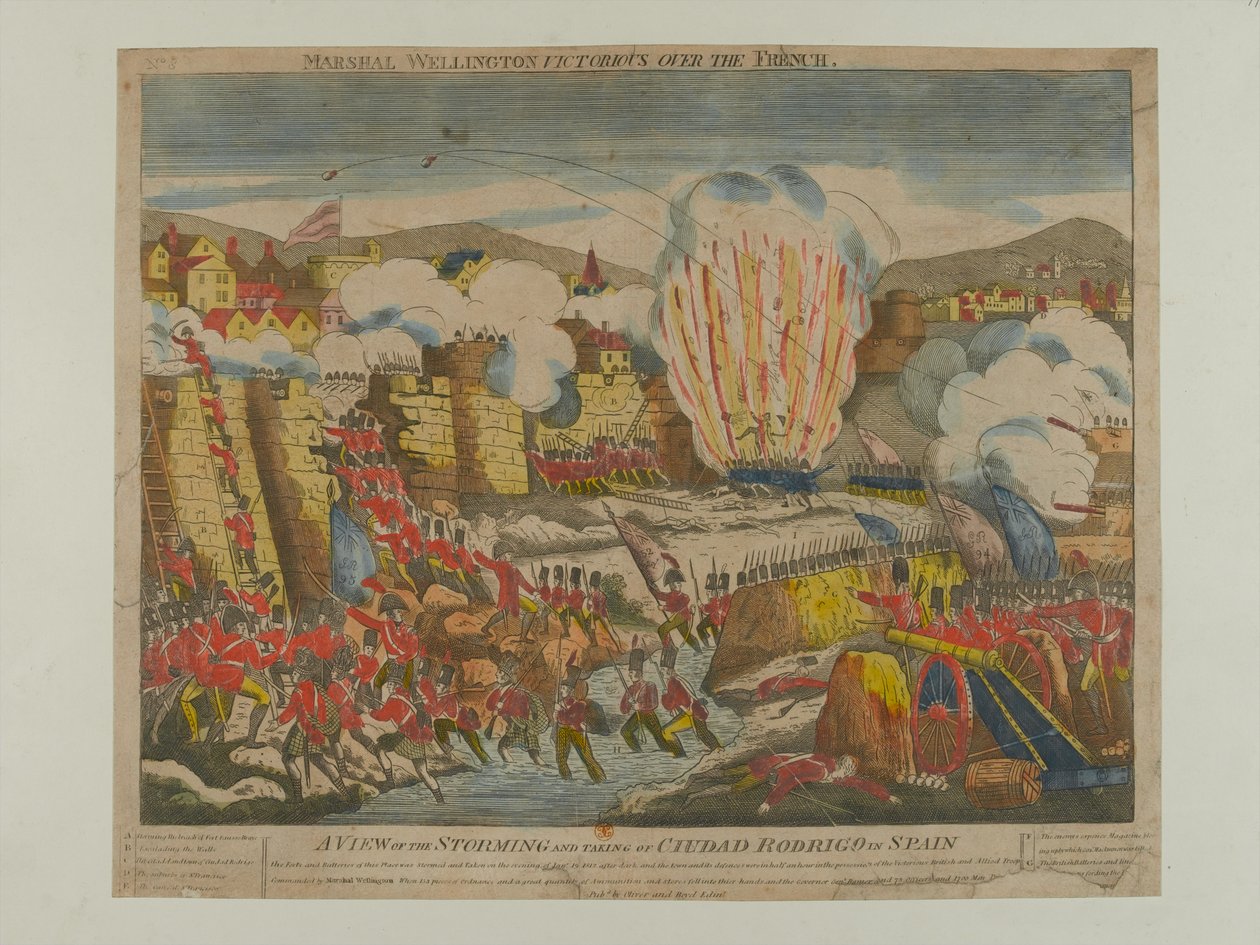A View of the Storming and Taking of Ciudad Rodrigo i Spania 1812, utgitt av Oliver og Boyd 1812 av English School