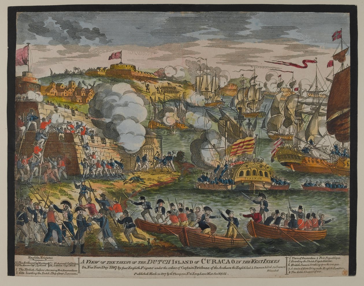 A View of the Take of the Dutch Island of Curacoa in the West Indies, 1. januar 1807, publisert av G.Thompson i 1807 (farget tresnitt) av English School