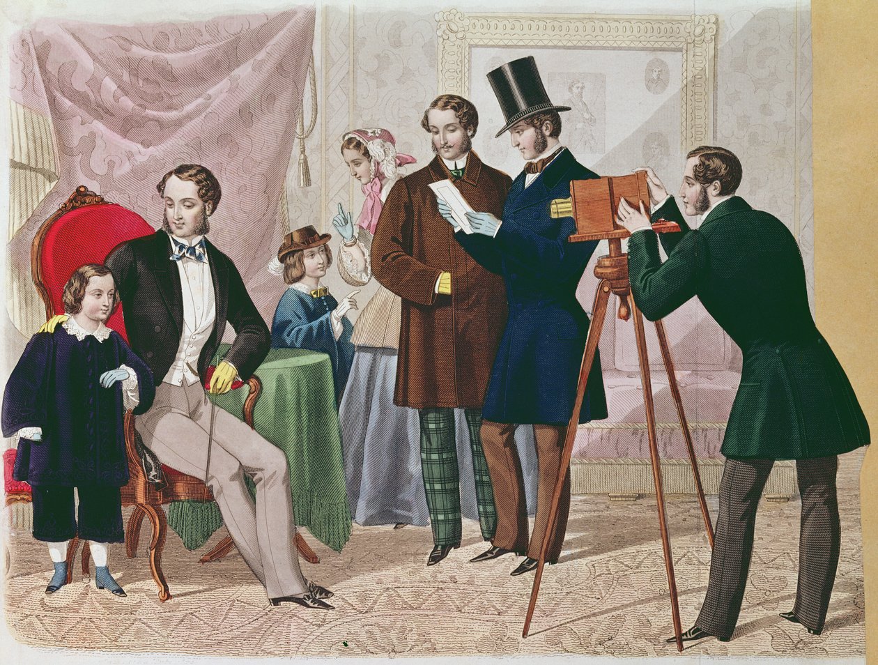Et besøk hos fotografen, 1857 (fargegravering) av English School