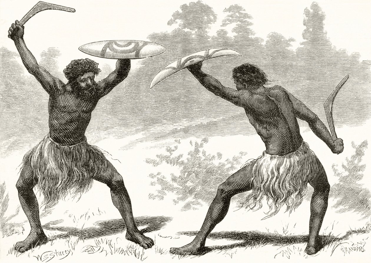 A Waddy Fight, fra 'Australian Pictures' av Howard Willoughby, utgitt av Religious Tract Society, London, 1886 av English School