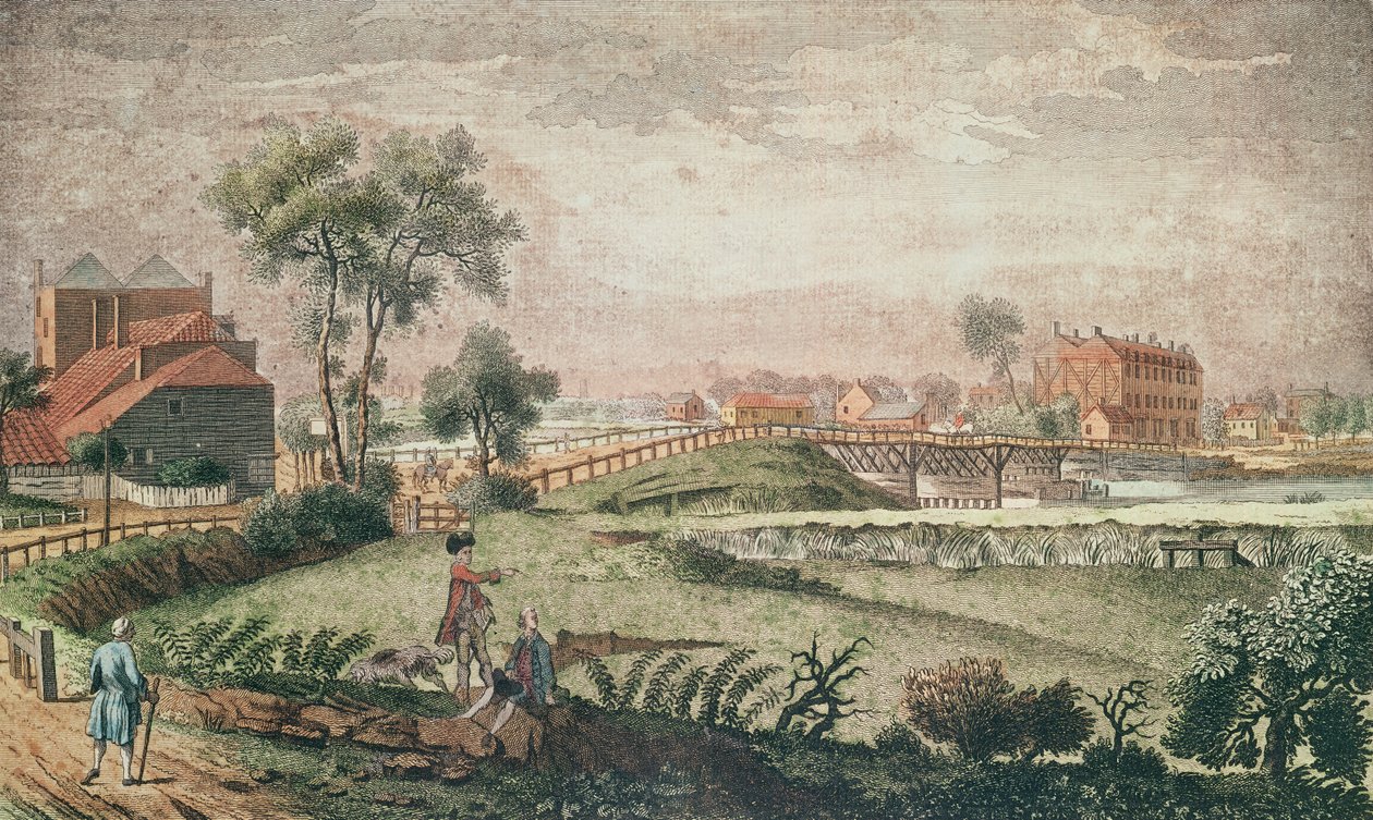 En vestlig utsikt over Chelsea Bridge, 1761 (fargegravering) av English School