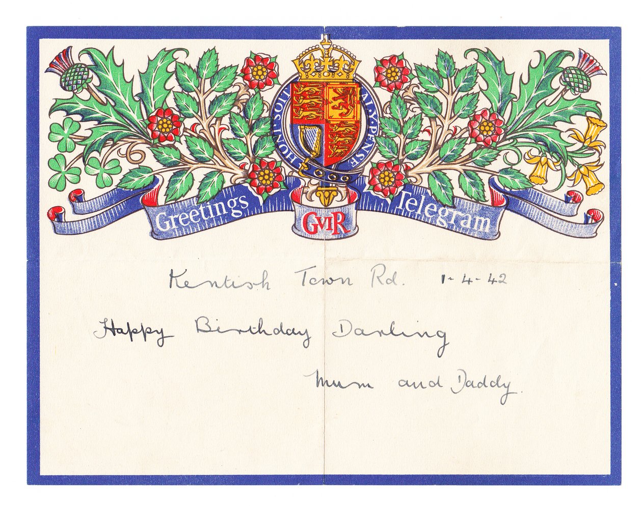 Et bursdagshilsenstelegram, ca. 1942 (farge litho) av English School