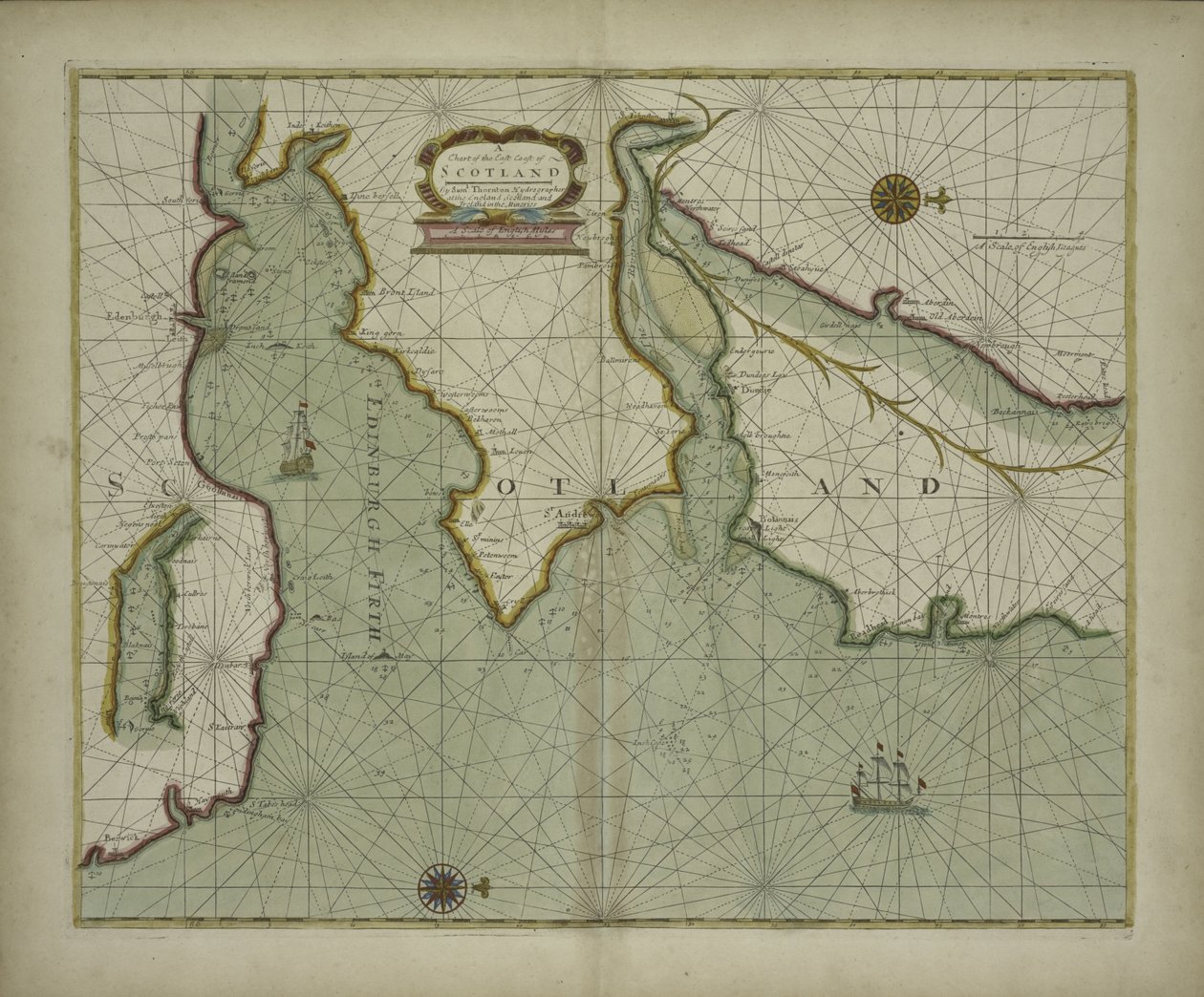 Et kart over østkysten av Skottland fra et havatlas som inneholder en hydrografisk beskrivelse av de fleste havkystene til de kjente delene av verden av Samuel Thornton, 1707 (håndfarget trykk) av English School