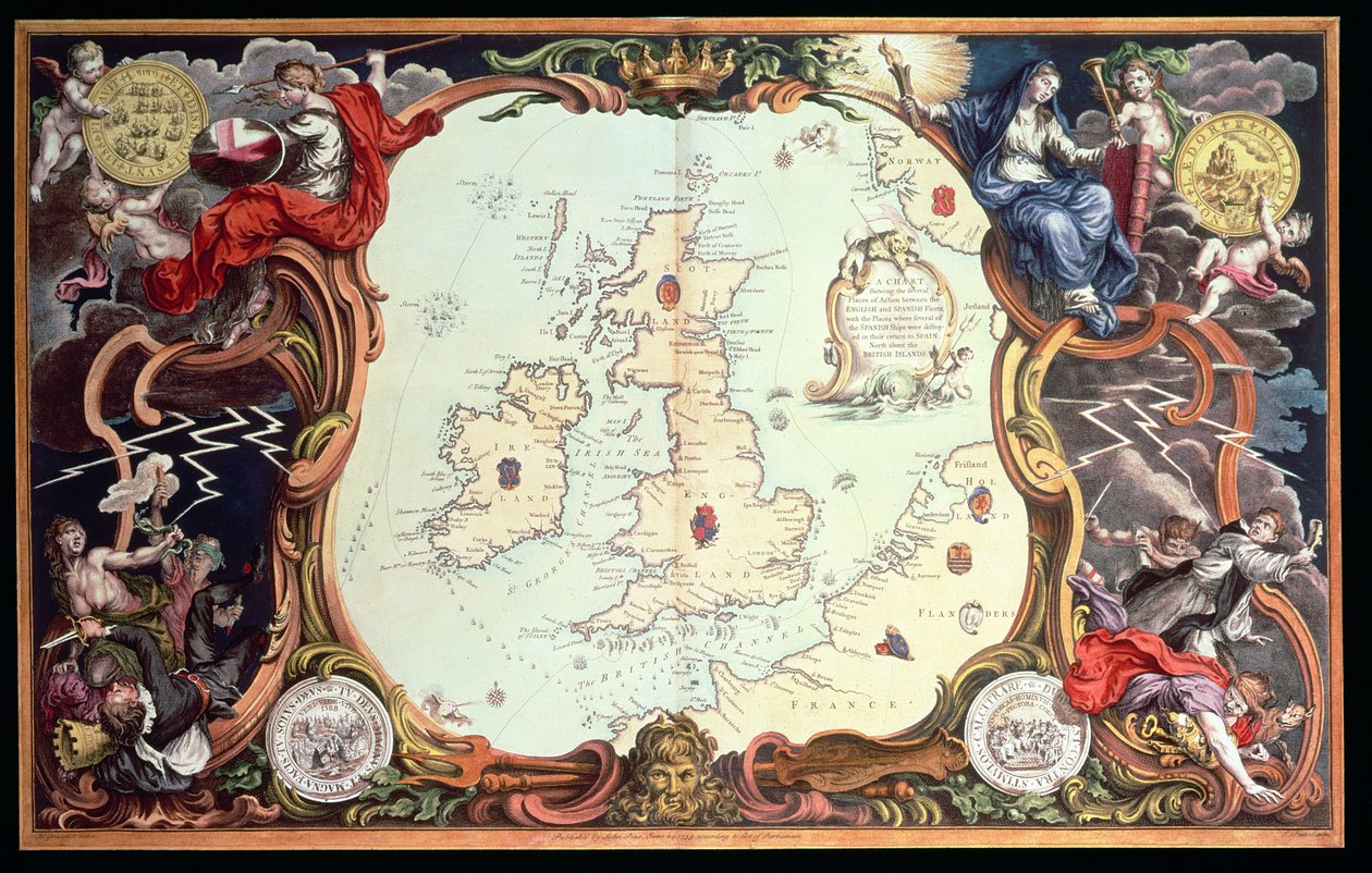 Et diagram som viser de flere handlingsstedene mellom den engelske og spanske flåten, med stedene hvor flere av de spanske skipene ble ødelagt da de kom tilbake til Spania, utgitt 1739, av John Pine (håndfarget gravering) av English School