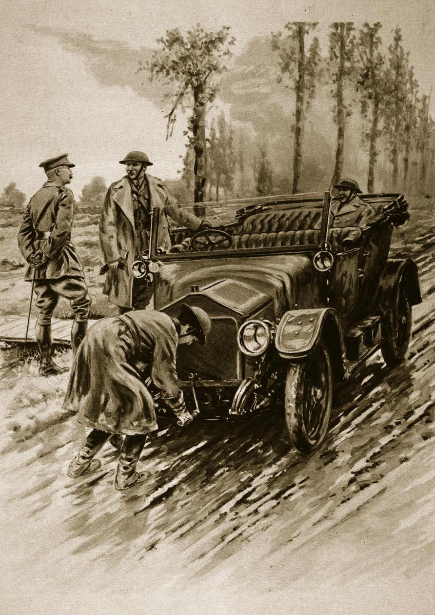 En sjåfør for Womens Army Auxiliary Corps starter motoren til en offisersbil, 1914-19 av English School
