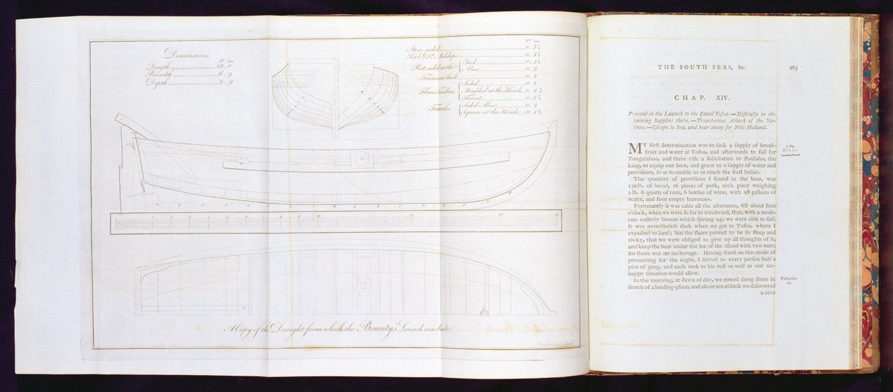 En kopi av utkastet som The Bountys lansering ble bygget fra, fra A Voyage to the South Sea, av William Bligh (1754-1817), gravert av Mackenzie, publisert 1792 (se også 174207, 174209) av English School
