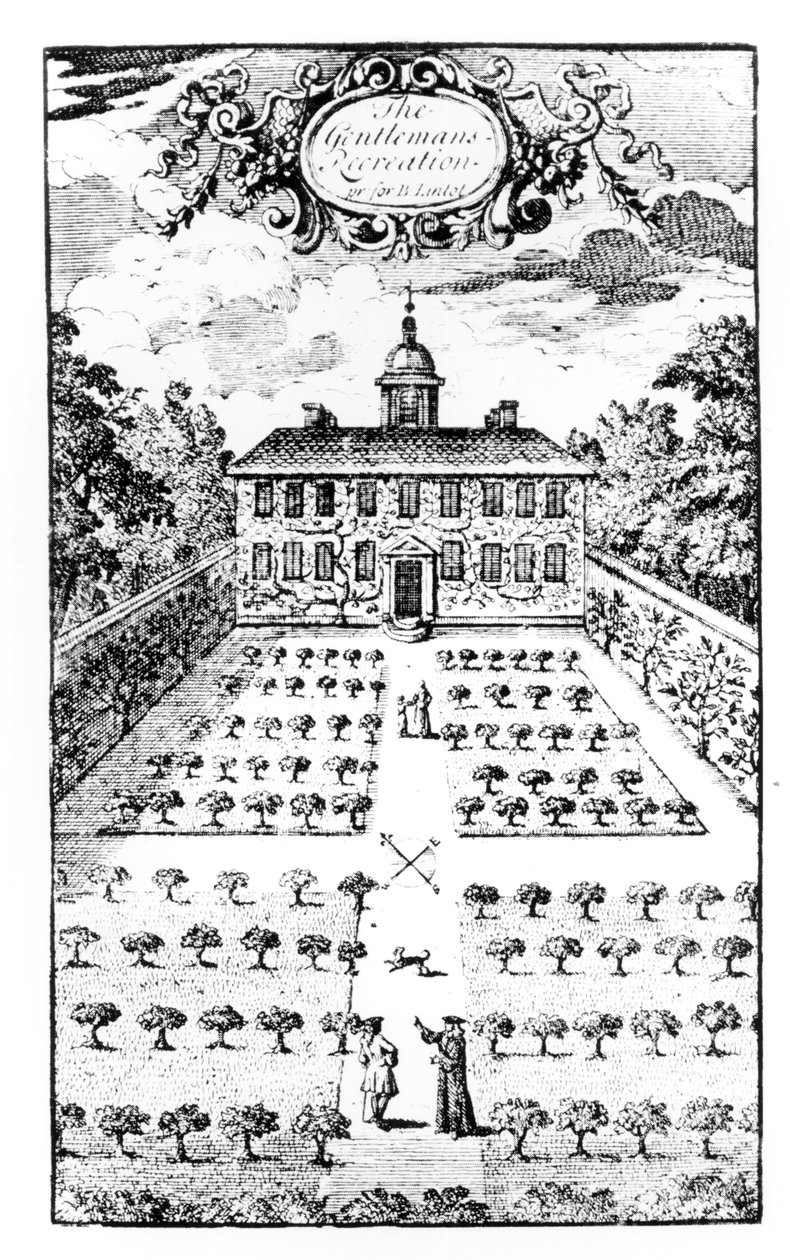 En hage på landet, fra The Gentlemens Recreation, av John Lawrence, utgitt 1716 av English School