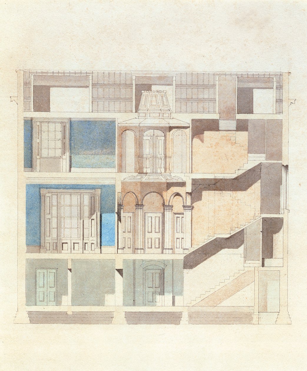 Et tverrsnittsdesign for et klassisk byhusinteriør, ca. 1840 (wc med penn og blekk) av English School