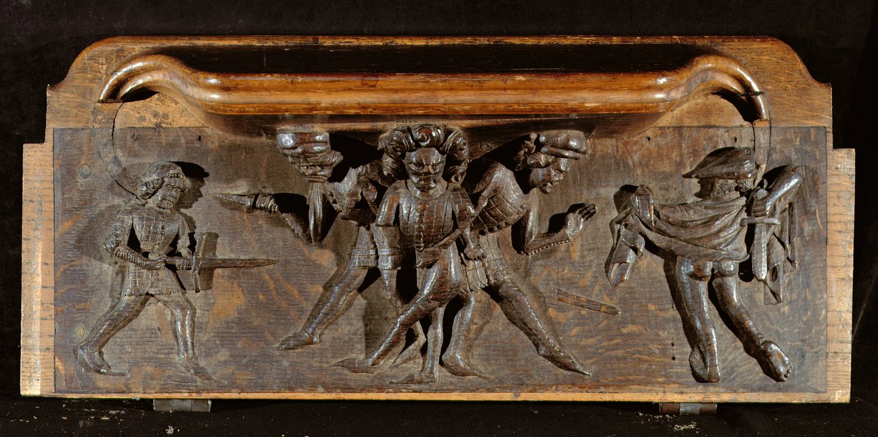 En skadet misericord som viser tre menn som kjemper med dolker og sverd, New College Chapel, Oxford, sent på 1300-tallet (tre) av English School