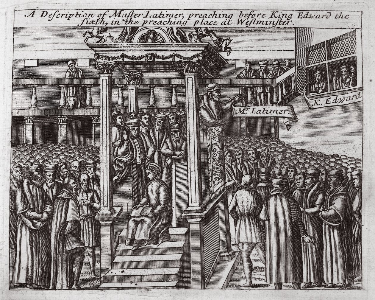 En beskrivelse av Master Latimer, som forkynte for kong Edward den sjette i forkynnelsesstedet i Westminster, illustrasjon fra Acts and Monuments av John Foxe, niende utgave, pub. 1684 av English School