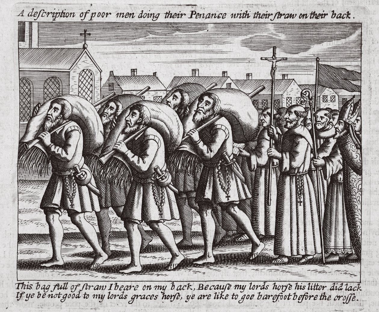 En beskrivelse av fattige menn som gjør bot med strået på ryggen, illustrasjon fra Acts and Monuments av John Foxe, niende utgave, pub. 1684 av English School
