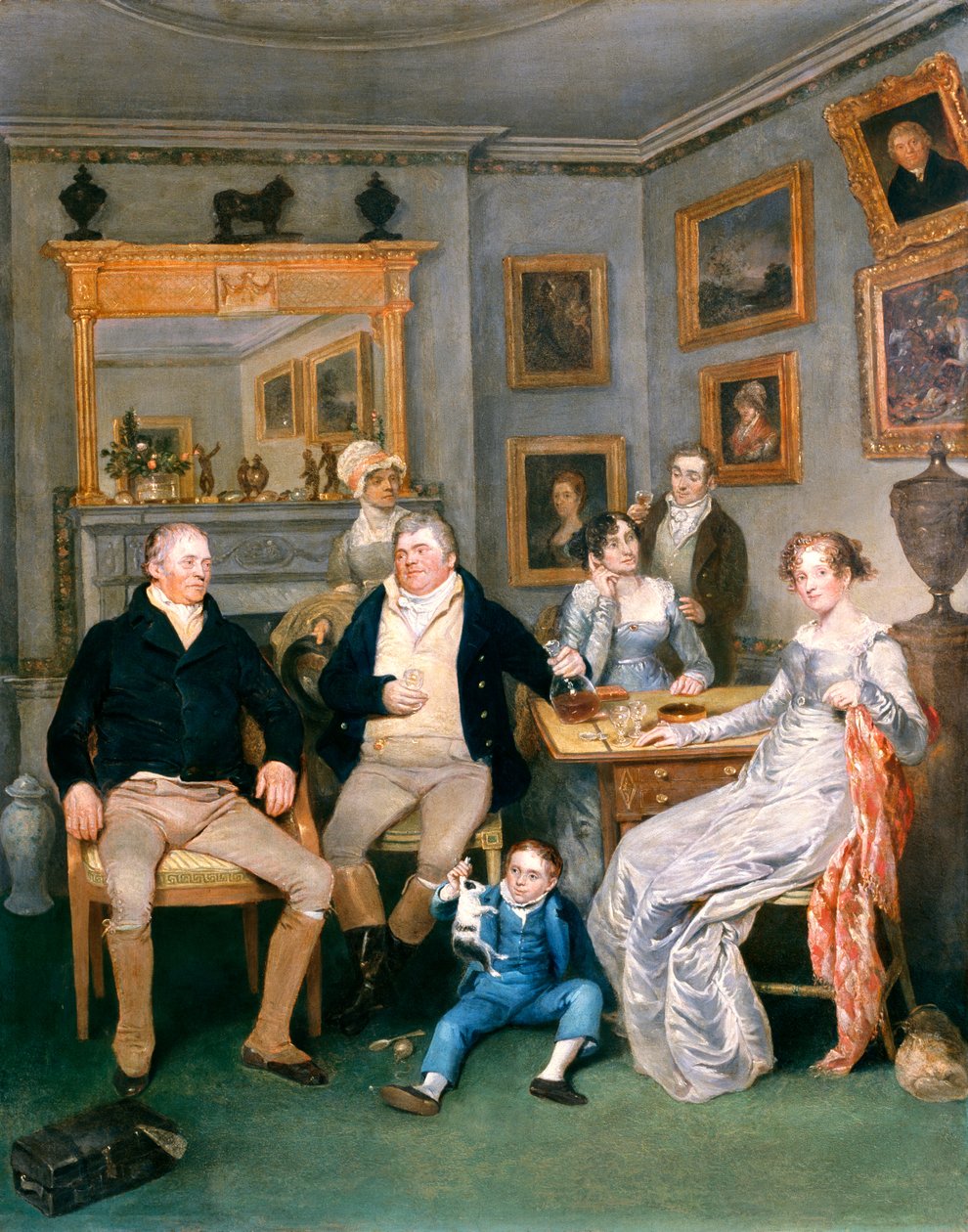 En familiescene i et hjemlig interiør, ca. 1815-20 av English School