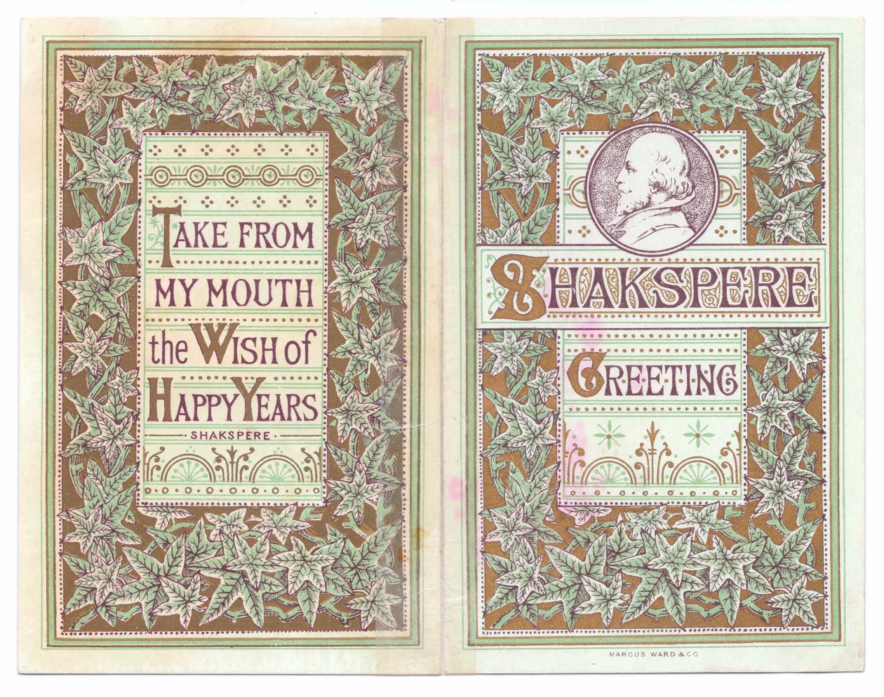Et viktoriansk gratulasjonskort på forsiden og baksiden av et bilde av William Shakespeare, ca. 1880 (litho i farger) av English School