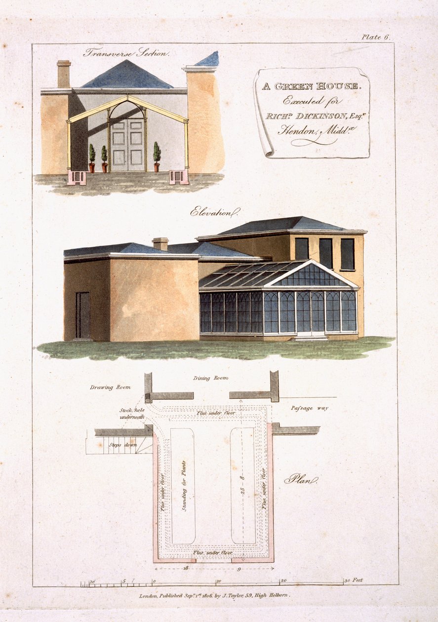 Et drivhus med gotiske detaljer festet til et hus i nyklassisk stil for Richard Dickinson Esq i Hendon, Middlesex, 1806 av English School