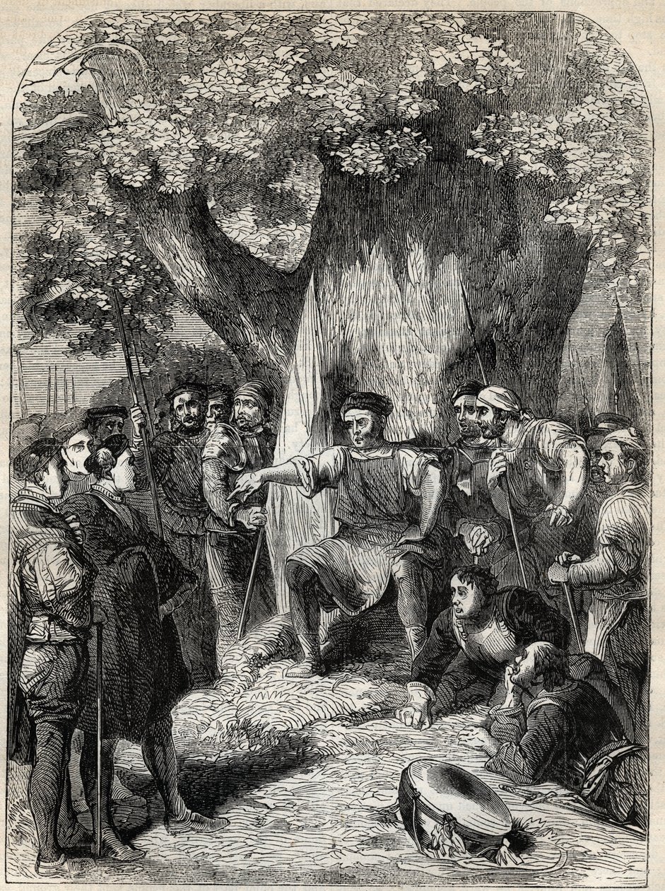 En gruppe meningsmotstandere i Norfolk under Robert Ketts opprør i 1549 - opprør i Norfolk, England under Edward VIs regjeringstid - Ket the Tanner (1492-1549) Haranguing sine tilhengere under reformasjonens eik - gravering fra "" History of England" "b av English School