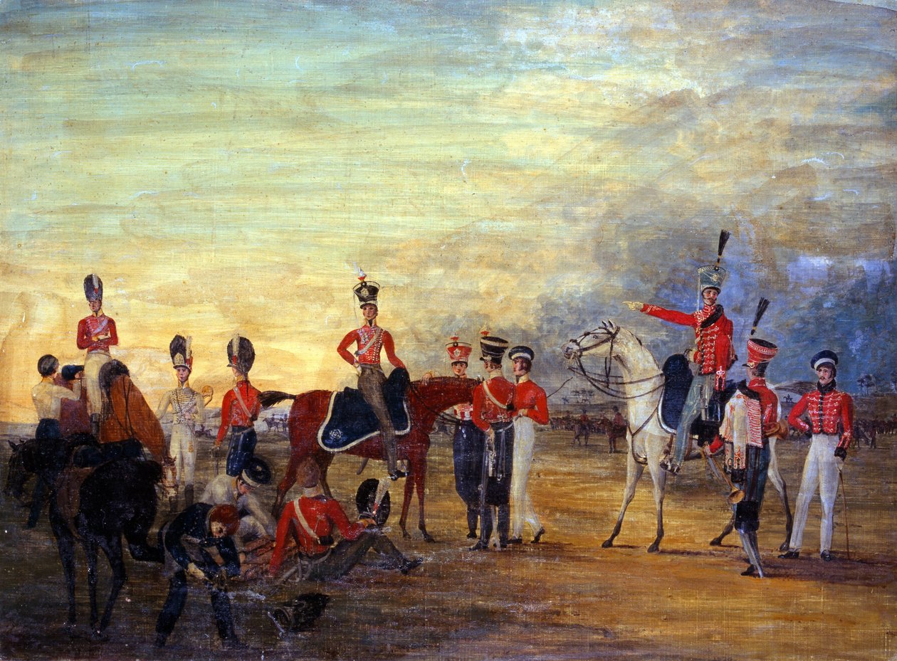 En gruppe på- og avstigende offiserer og menn fra Yorkshire Yeomanry i forskjellige klesordener, ca. 1820 av English School