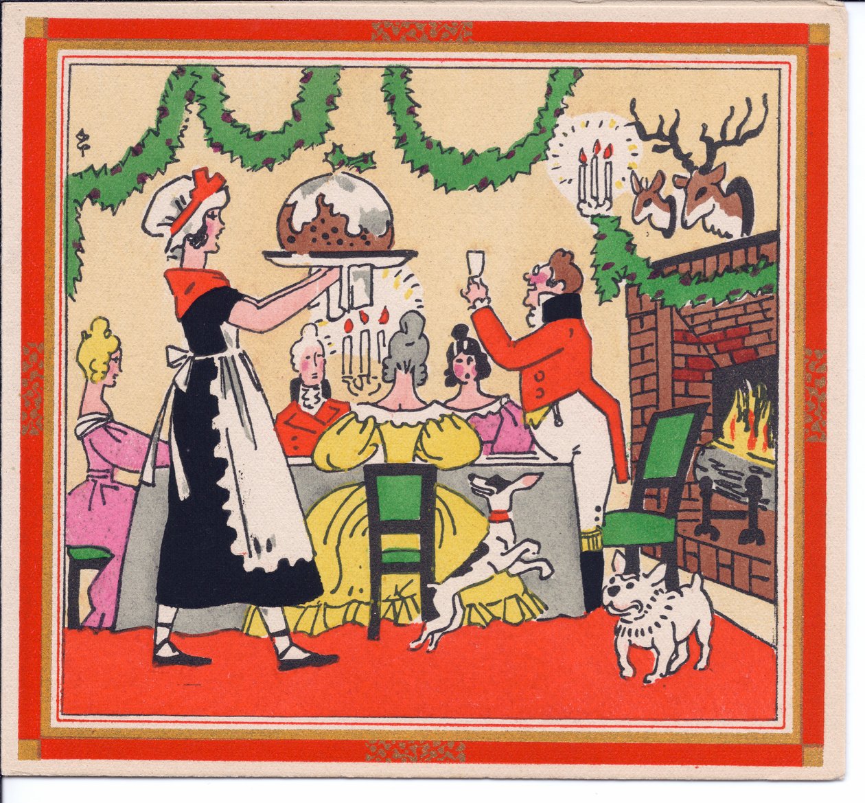 Et håndfarget fransk Pochoir julekort av en hushjelp som serverer en julepudding, rundt 1920 av English School