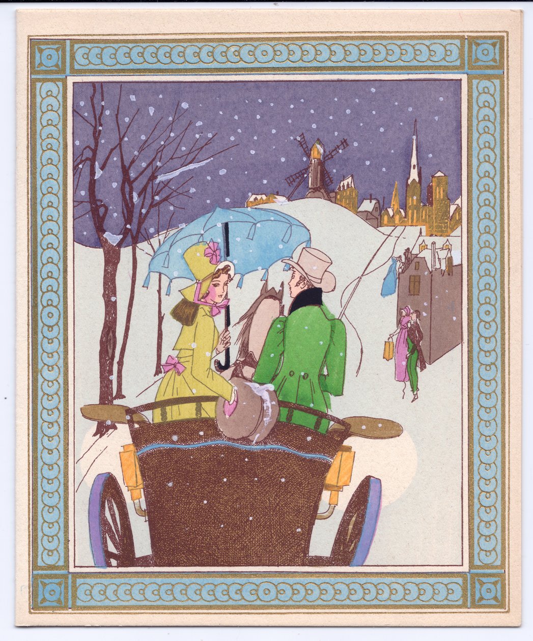 Et håndfarget fransk Pochoir-julekort av et Rencecy-par i en åpen vogn som kjører gjennom snøen, ca. 1920 av English School