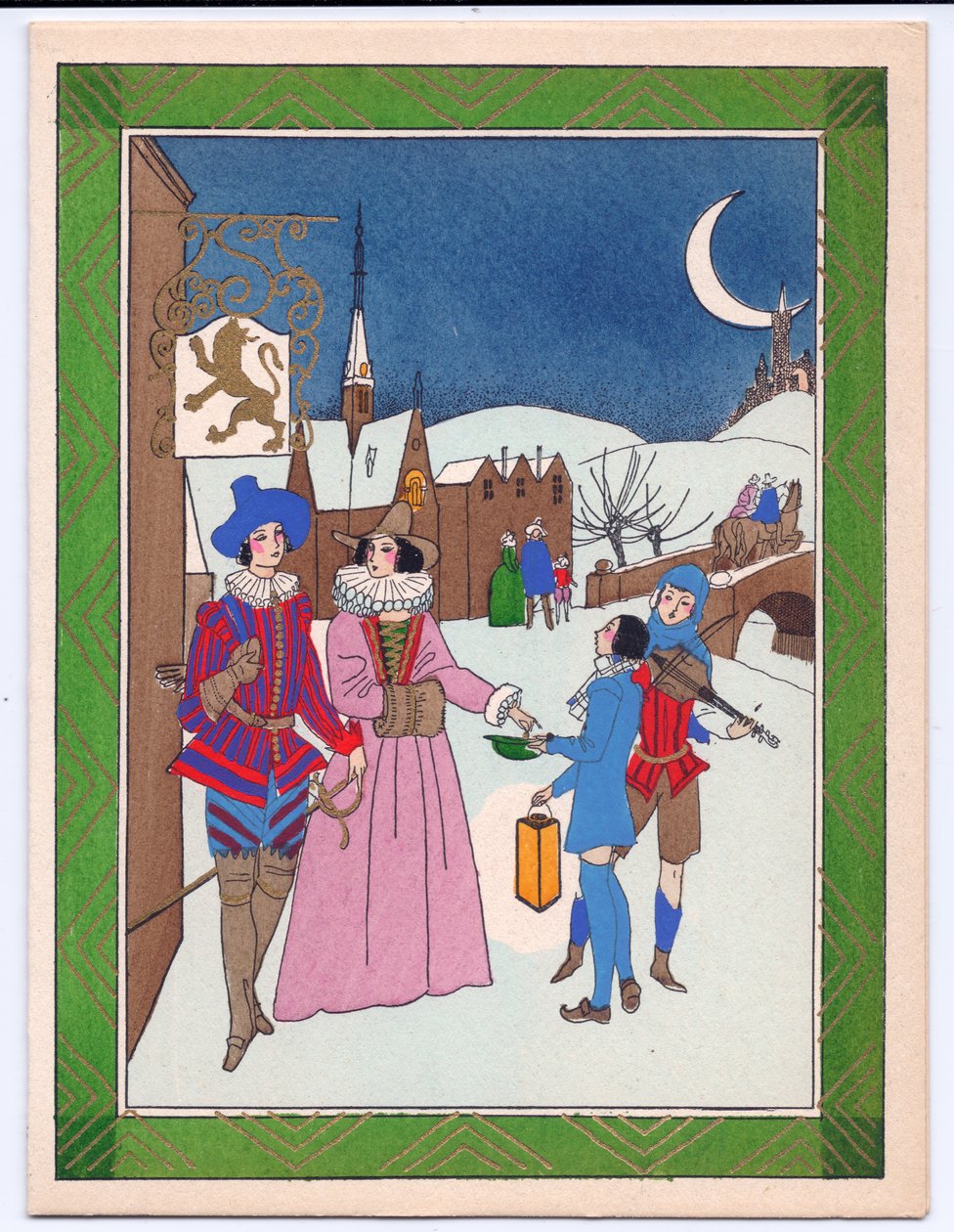 Et håndfarget fransk Pochoir-julekort av en Tudor-scene med gatemusikanter som blir belønnet for sin opptreden, ca. 1920 av English School