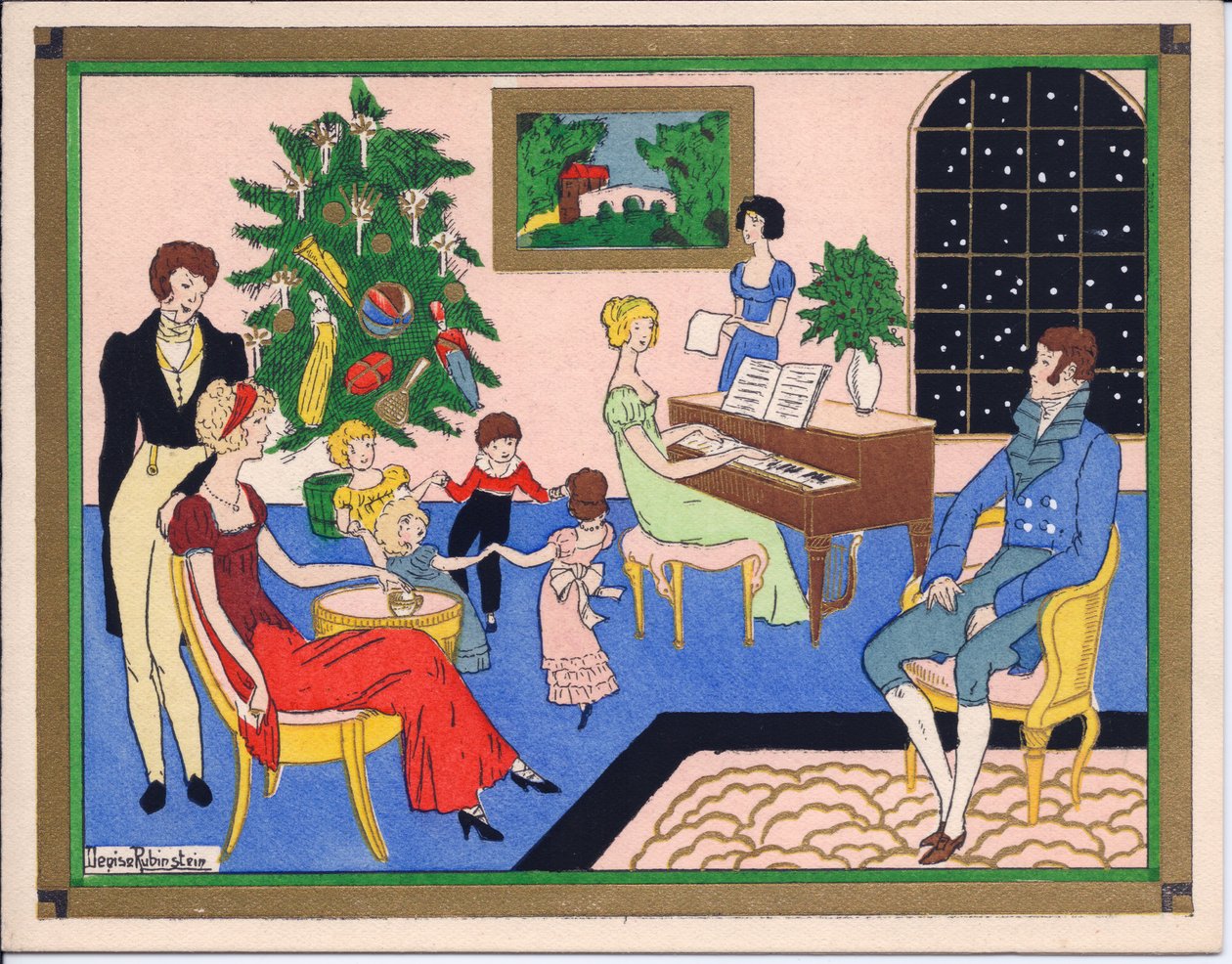 Et håndfarget fransk Pochoir-julekort fra en Regency-families julefest, med dans og musikalsk underholdning, ca. 1920 av English School