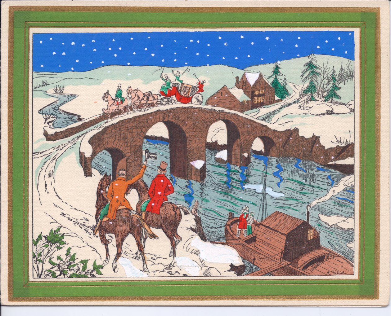 Et håndfarget fransk Pochoir-julekort av en vogn tegnet av hester som krysser en bro og en rytter som løfter hatten i hilsen, ca. 1920 av English School
