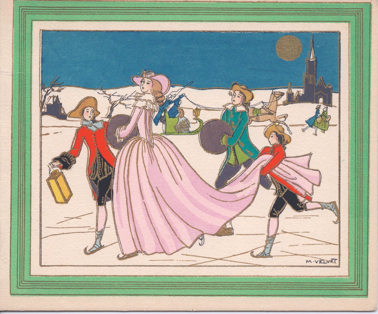 Et håndfarget fransk Pochoir julekort av en dame i en flytende rosa kjole som går på skøyter med ledsagere som holder en lykt og sporet hennes, ca. 1920 av English School