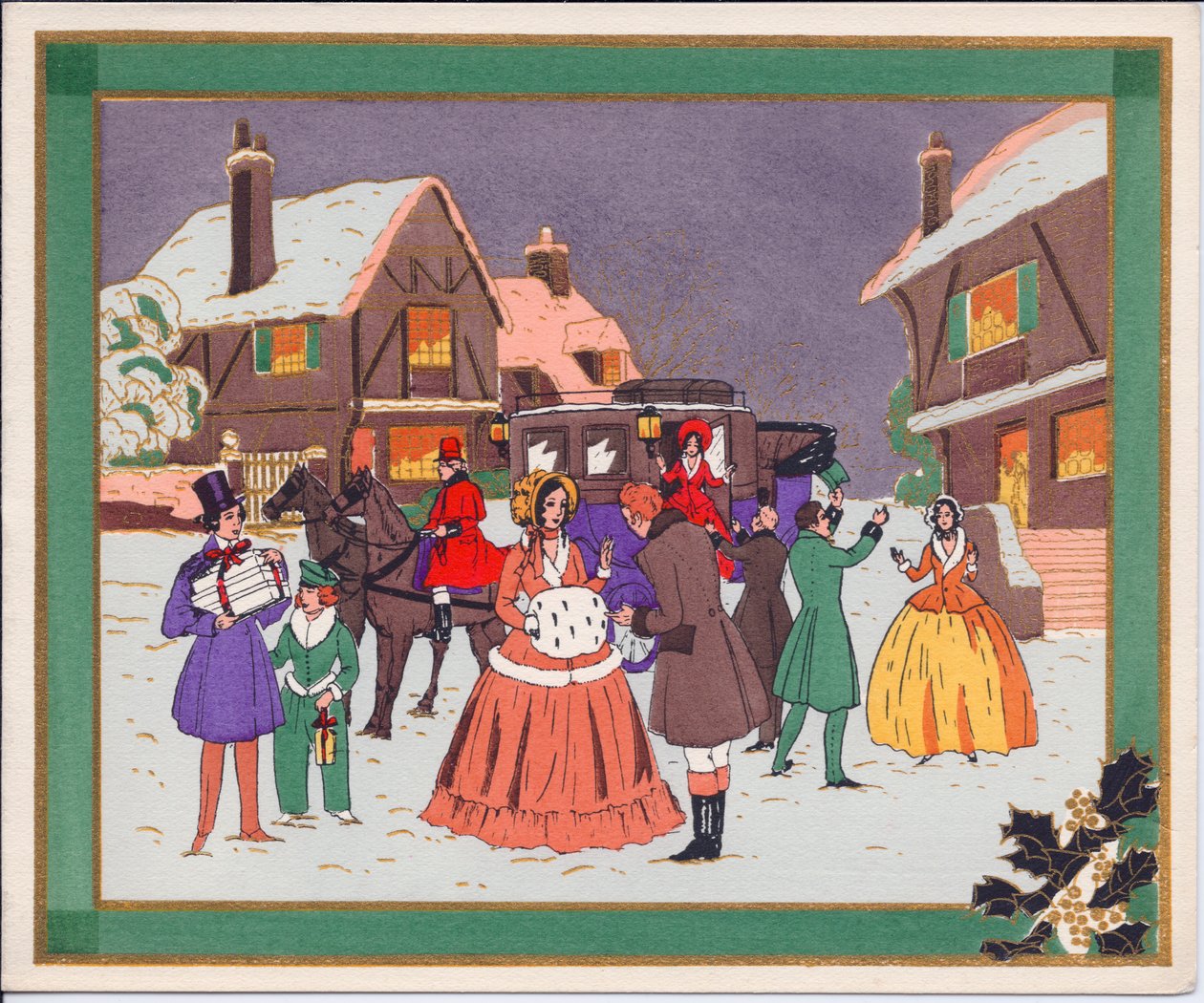 Et håndfarget fransk Pochoir julekort av en landsbyscene med en trener og hester, ca 1920 av English School