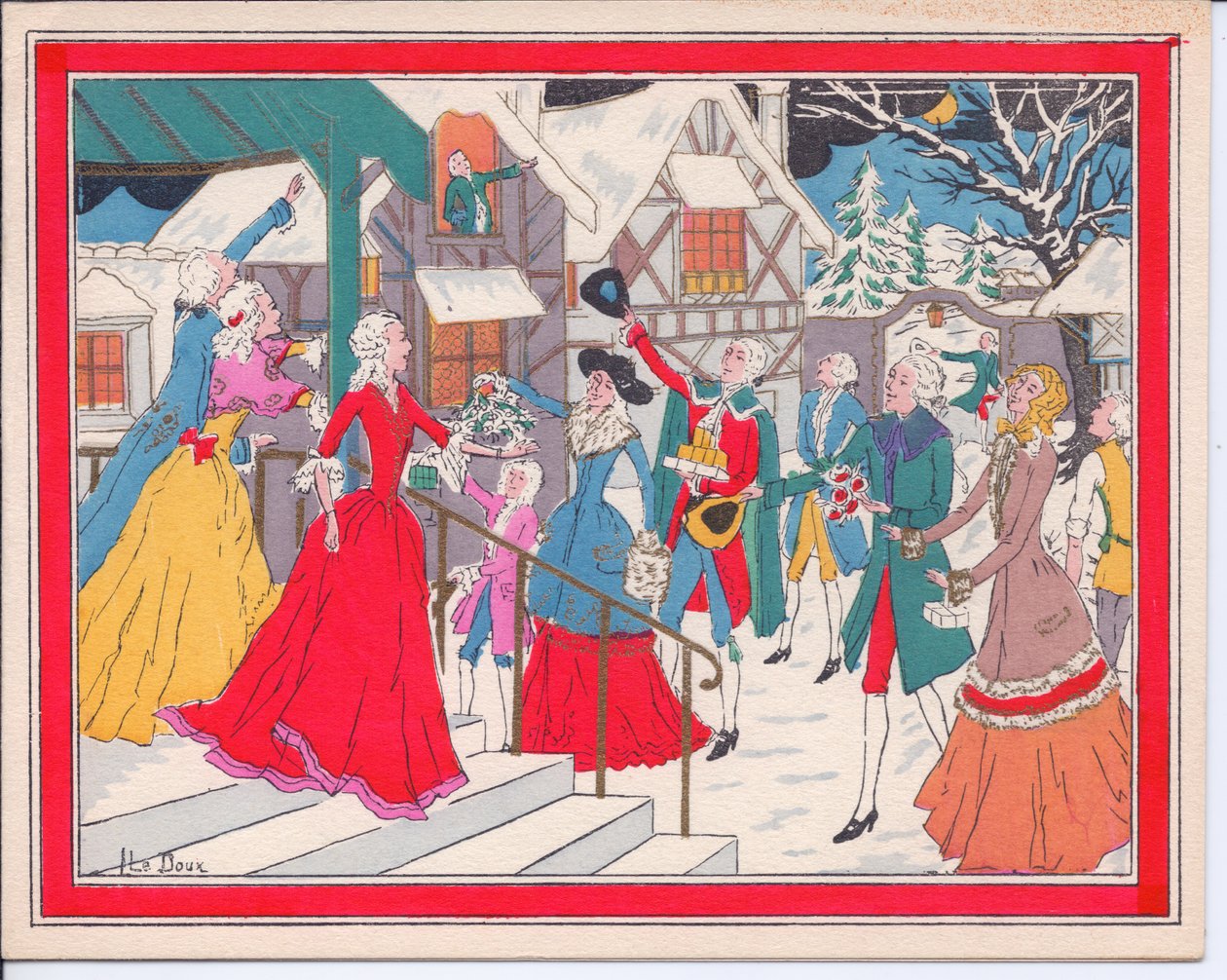 Et håndfarget fransk Pochoir-julekort av en vinterscene i Tudor-tider, rundt 1920 av English School