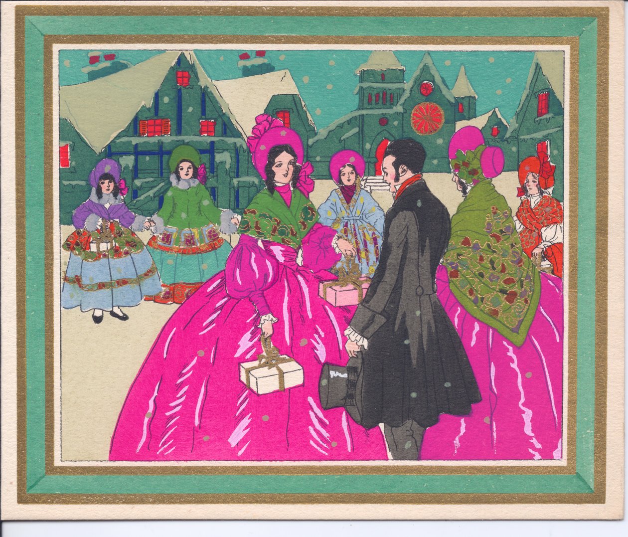 Et håndfarget fransk Pochoir julekort med damer i krinolinkjoler og en herre i frakk og topplue, ca. 1920 av English School