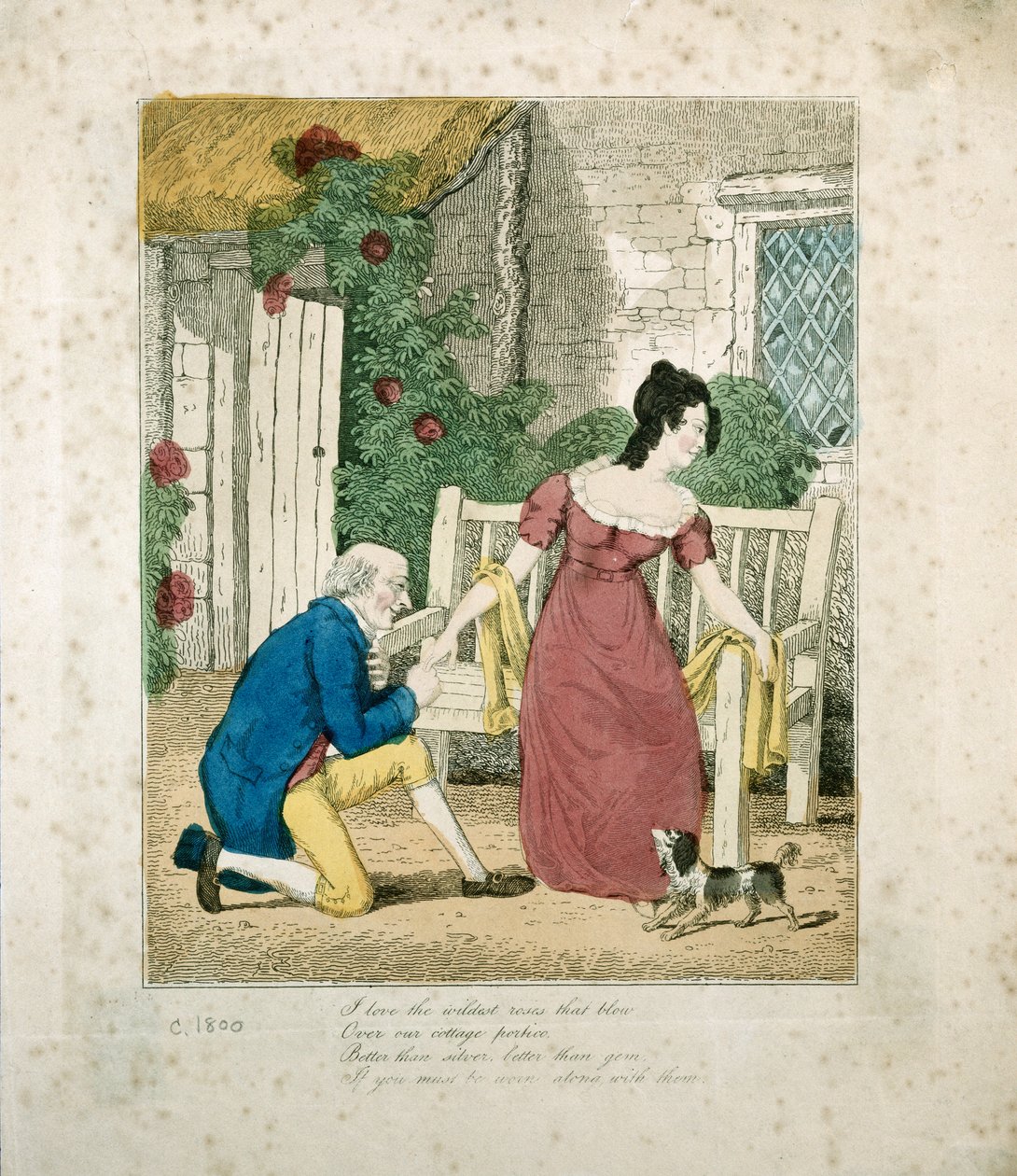 En håndfarget litografisk scene av en mann som frier, ca. 1800 av English School