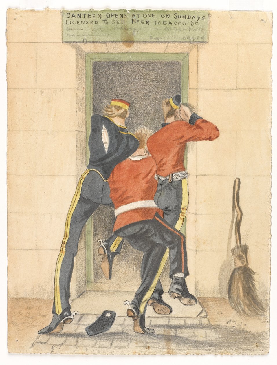 En husar, en infanterist og en drage, alle i avkledningsuniform, strever etter inngangen til en kantine, ca. 1890 av English School