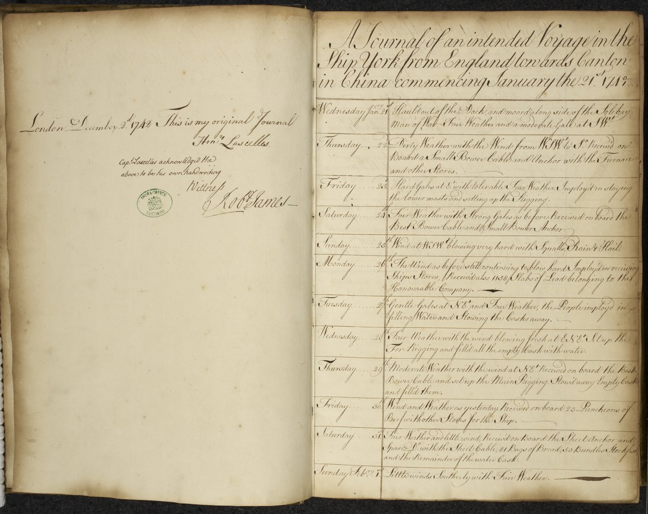 'En journal over en tiltenkt reise i Ship York fra England mot Kanton i Kina som starter 21. januar av English School