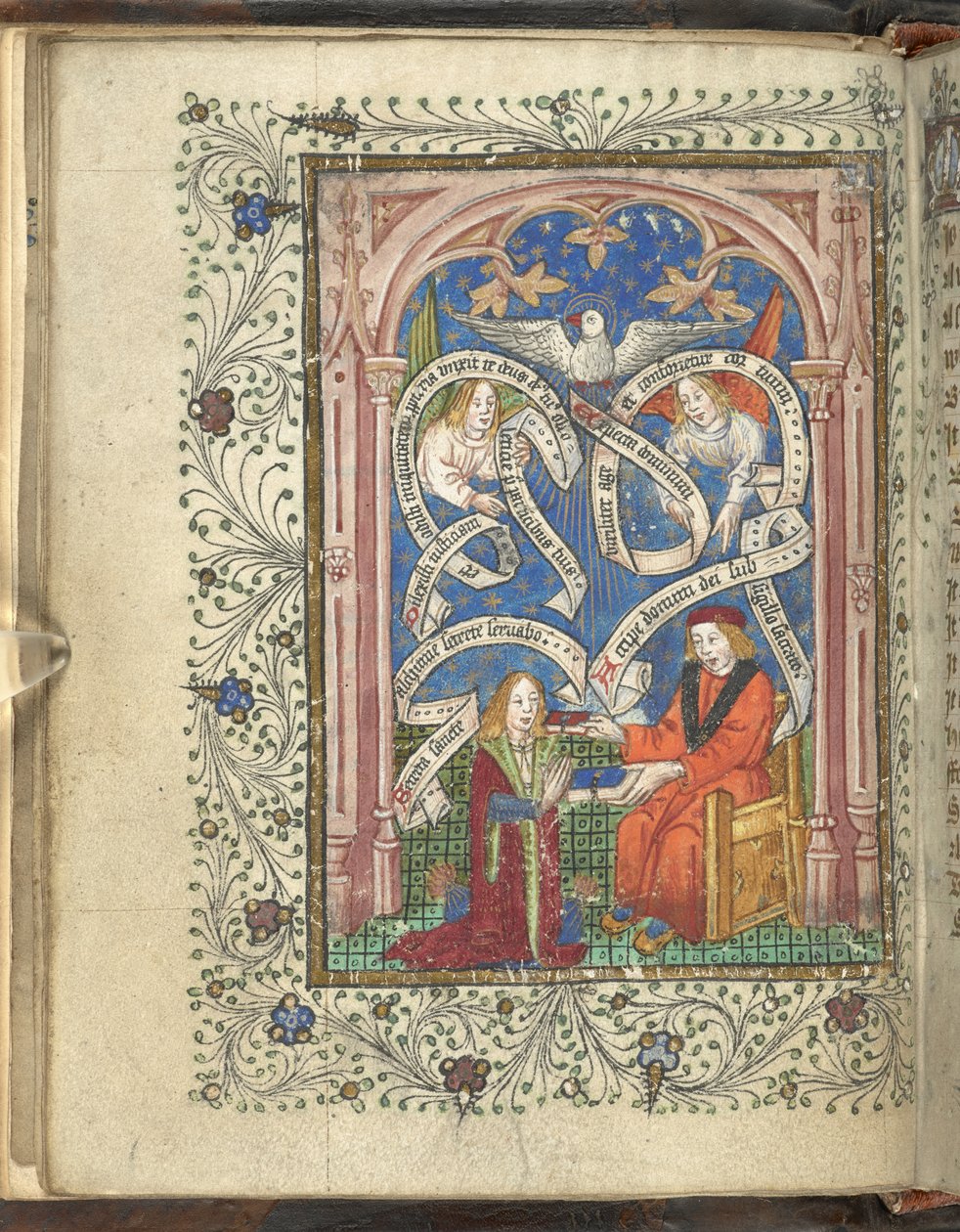 En knelende elev, kanskje som representerer forfatteren, Norton, mottar en bok fra sin herre, med engler, skrevne ruller og en due over. Ordinal av alkymi. Thomas Norton 4. kvartal av 1400-tallet av English School