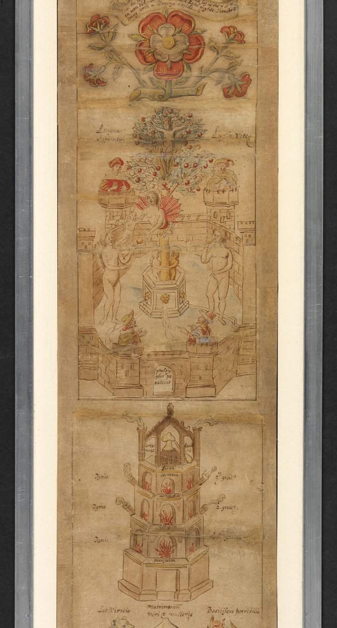 En stor rød og hvit rose, med fire andre mindre roser i profil.- de øvre grenene på et epletre, hvorfra det er hengt opp en Kristus-lignende figur (merker på hver side, 