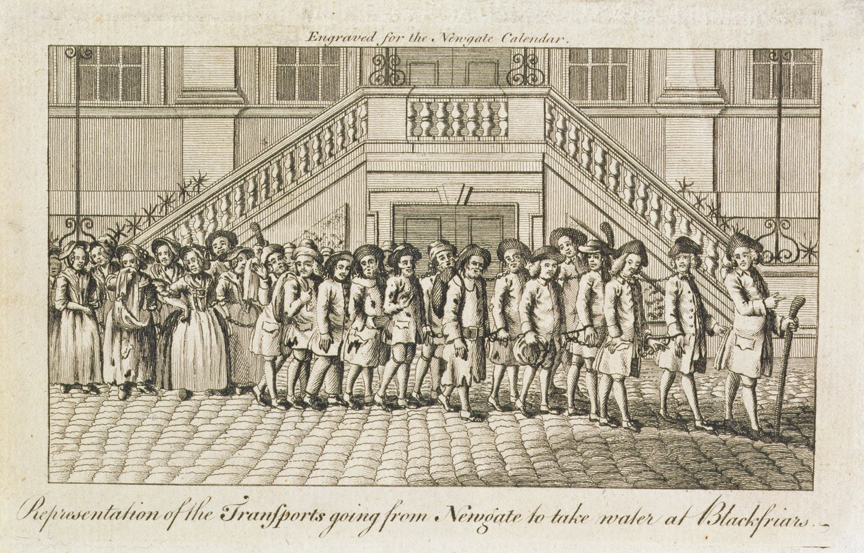 En rekke lenkede straffedømte fra Newgate Prison, Old Bailey, blir ført til Blackfriars for transport, ca. 1760 av English School