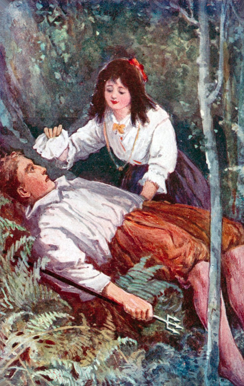 «En liten jente knelte ved siden av meg» (fargelitografi) av English School