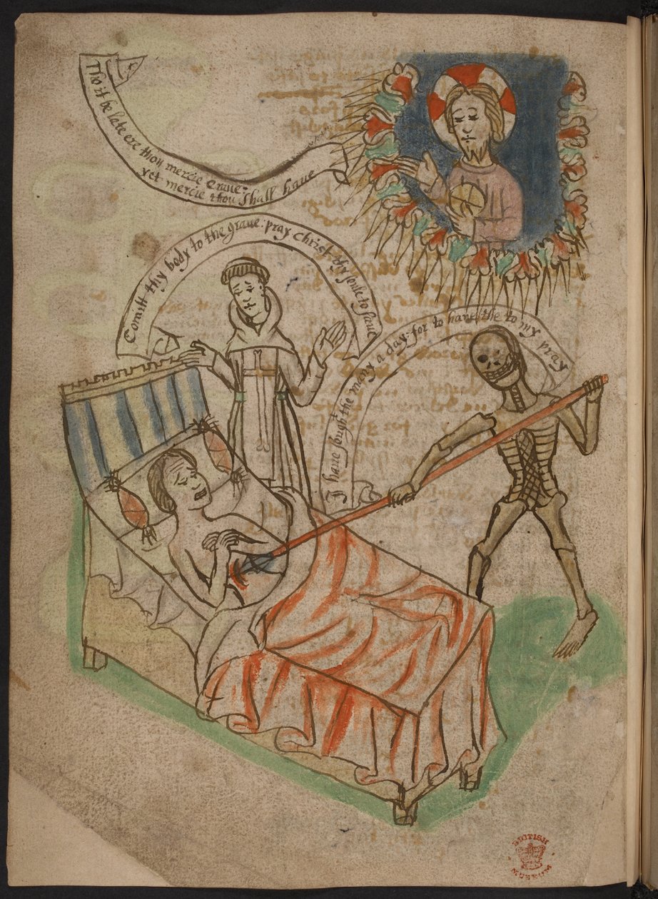 En mann på dødsleiet, fra A Carthusian miscellany av dikt, kronikker og avhandlinger på nordengelsk, inkludert et symbol på eller sammendrag av Mandevilles reiser, Add MS 37049 f.38v av English School