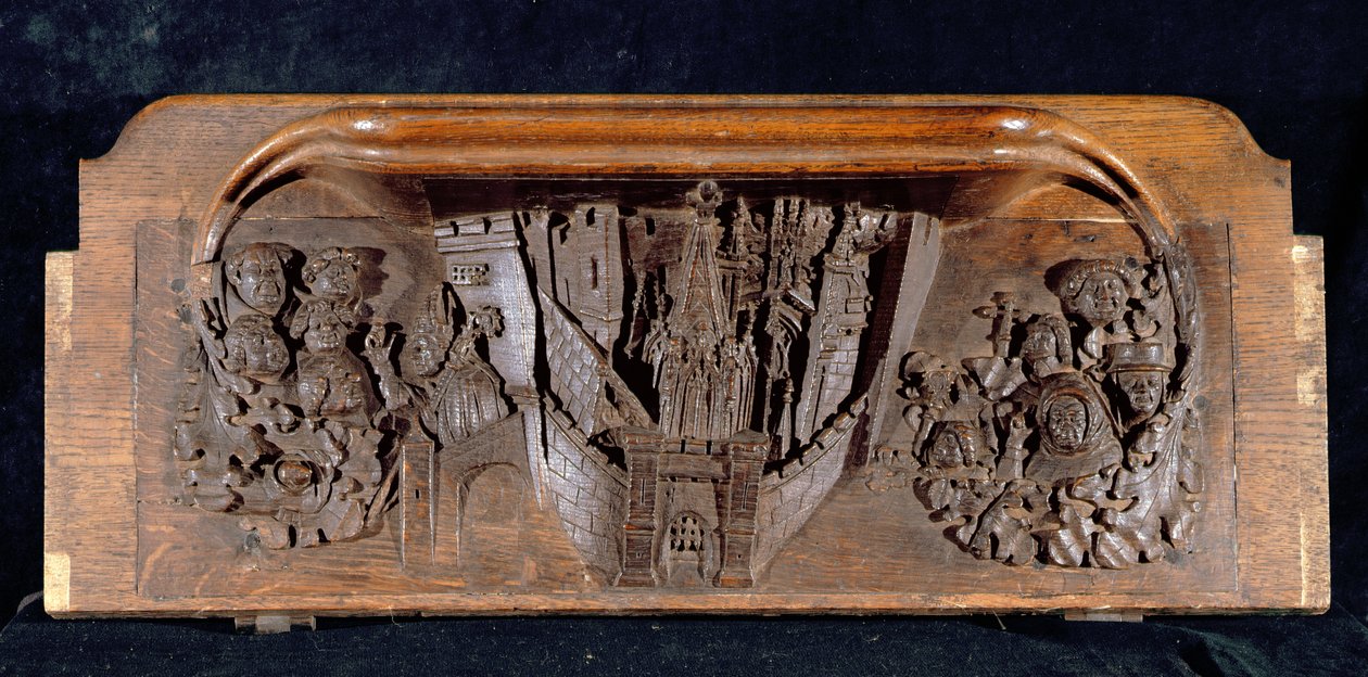 En misericord som skildrer en befestet by med en port med en hevet portcullis, New College Chapel, Oxford, sent på 1300-tallet (tre) av English School
