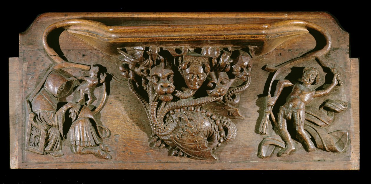 En misericord som viser en forseggjort utskåret hydra, symbolsk for de syv dødssyndene, med et realistisk menneskehode, New College Chapel, Oxford, sent på 1300-tallet (tre) av English School