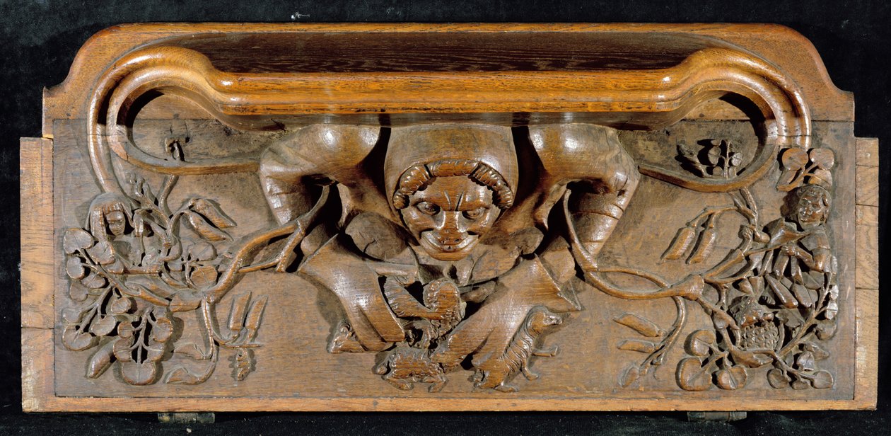 En misericord som viser et troll med enorme skuldre, New College Chapel, Oxford, sent på 1300-tallet (tre) av English School