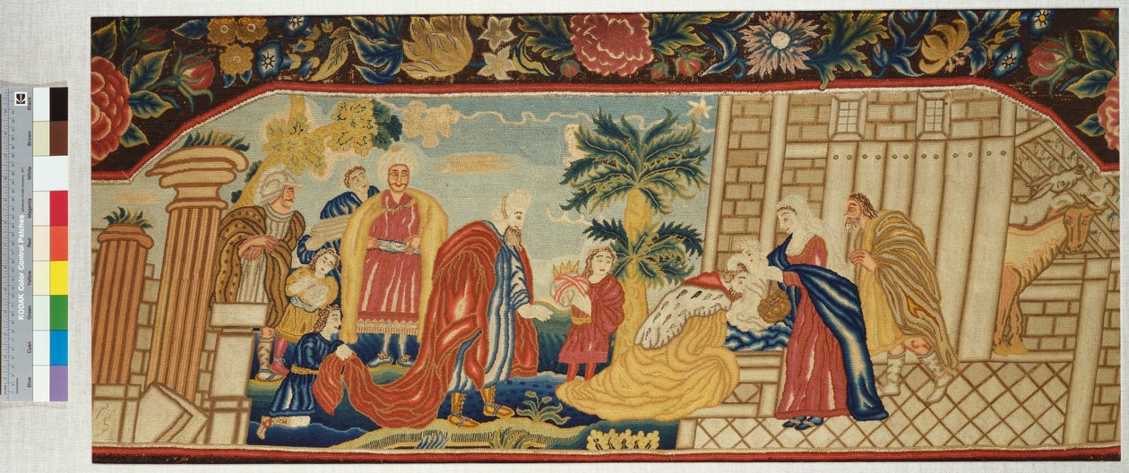 Et håndarbeidssofasete som er fint bearbeidet i en teltsøm som viser tilbedelsen av magiene, ca. 1730 av English School