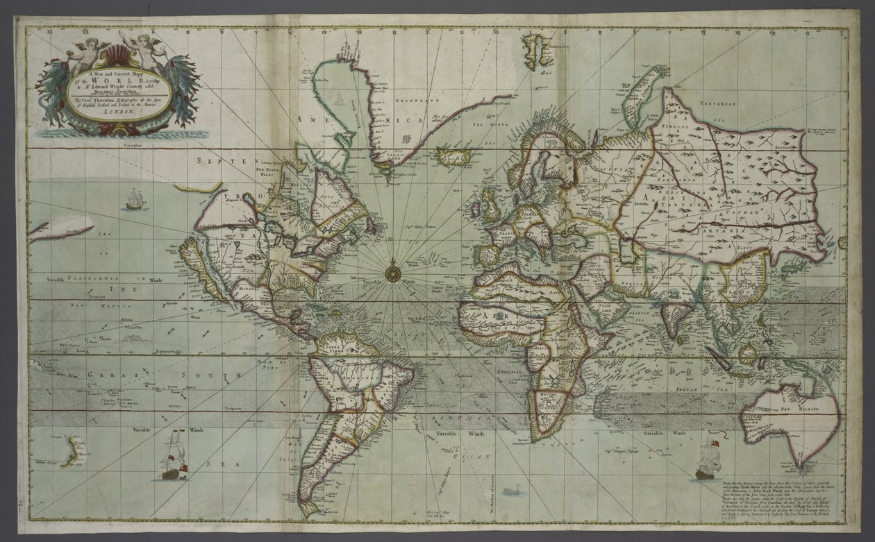 Et nytt og riktig kart over verden fra et havatlas, 1707 (håndfarget trykk) av English School