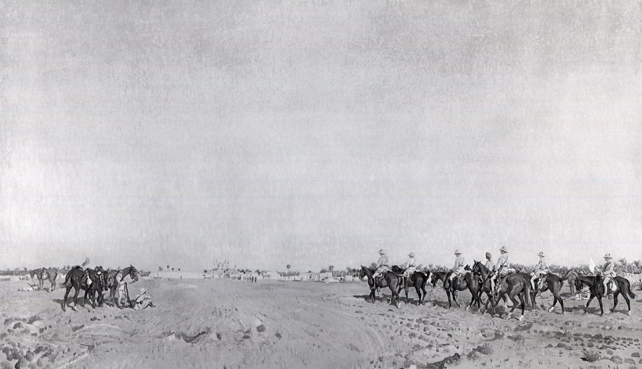 En patrulje av 14. husarer med kommanderende oberstløytnant R.W. Hewitt DSO nærmer seg for å ta tyrkisk overgivelse ved overgivelsen av Kazimain, 11. mars 1917, publisert ca. 1918 (photolitho) av English School
