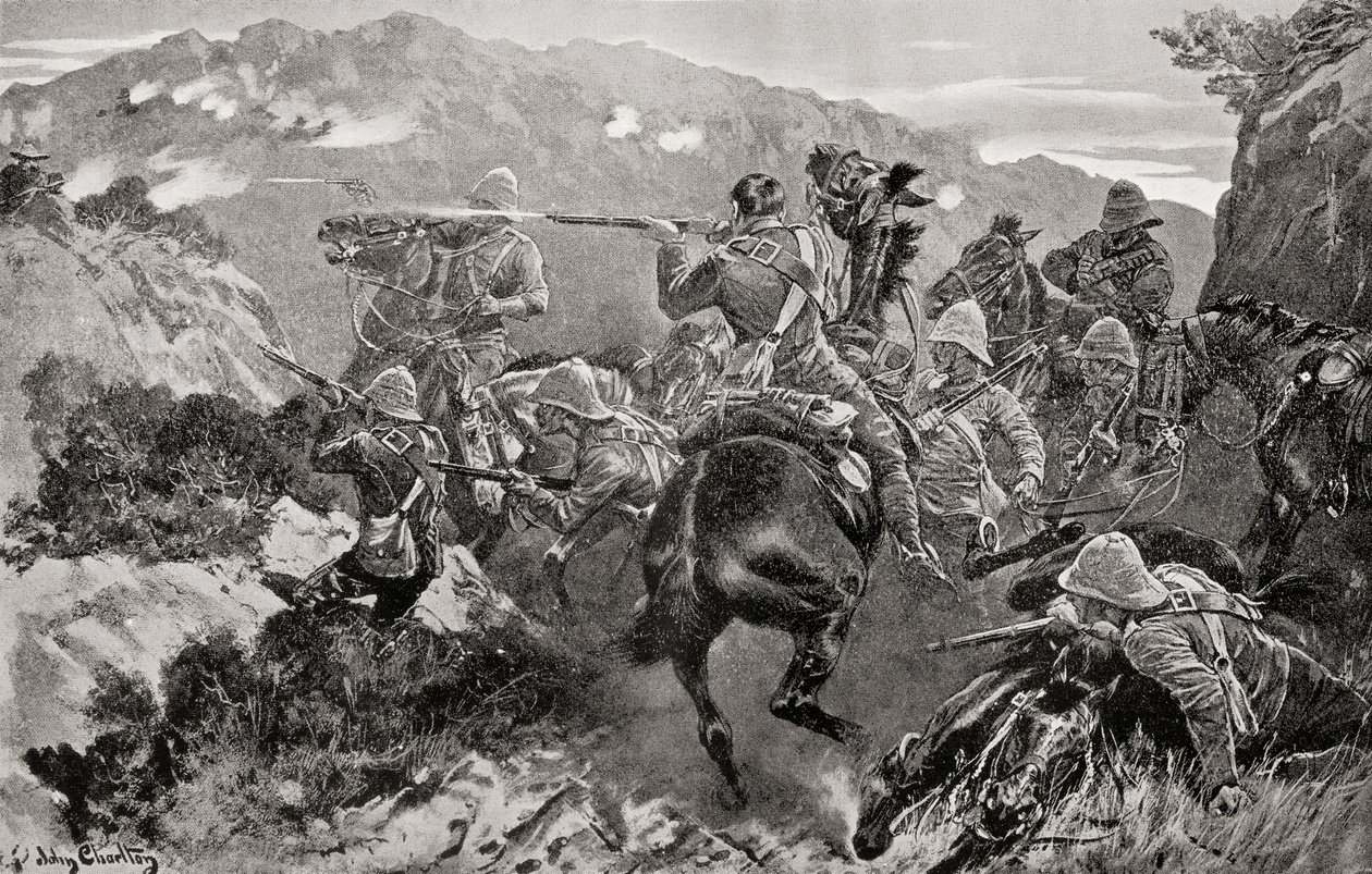 En streiket av 13. husarer overrasket nær Tugela-elven, Hussar Hill, KwaZulu-Natal-provinsen under den andre boerkrigen, fra 'South Africa and the Transvaal War', av Louis Creswicke, utgitt 1900 (litho) av English School