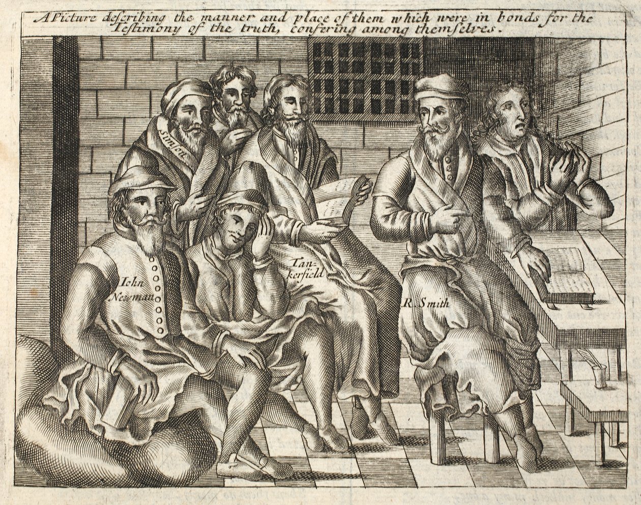 Et bilde som beskriver måten og sted for dem som var i bånd for sannhetens vitnesbyrd, konfererende seg imellom, illustrasjon fra Acts and Monuments av John Foxe, niende utgave, pub. av English School