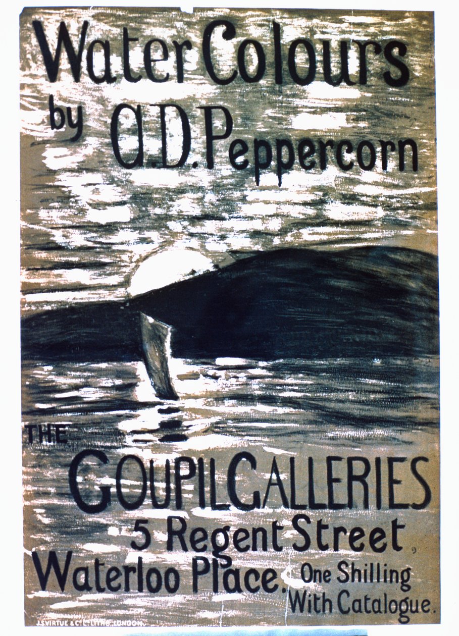 En plakat som annonserer A.D. Pepercorns Watercolor show på Goupil Galleries av English School