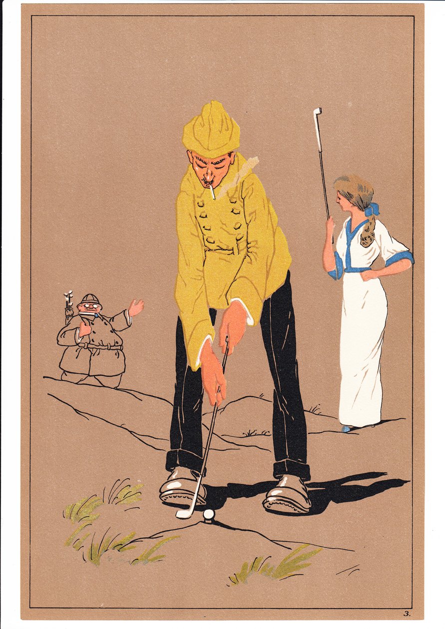 Et trykk av to golfspillere i komiske og humoristiske stillinger, ca. 1920 av English School