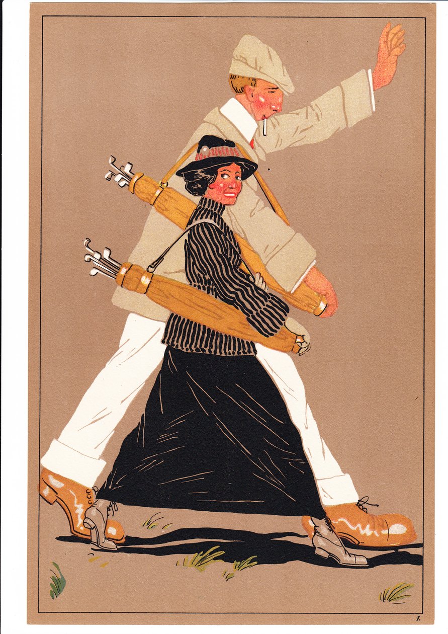 Et trykk av to golfspillere i komiske og humoristiske stillinger, ca. 1920 av English School